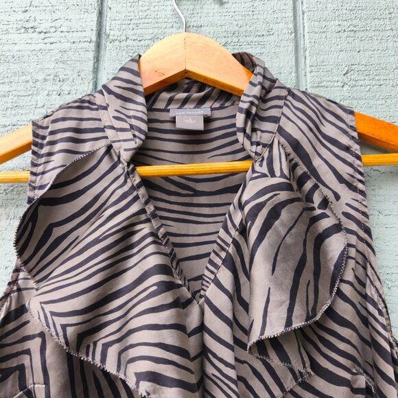 y2k Ann Taylor Stretch Silk Ruffle Zebra Sleeveless Blouse sz 0 Black Gray - Picture 2 of 9